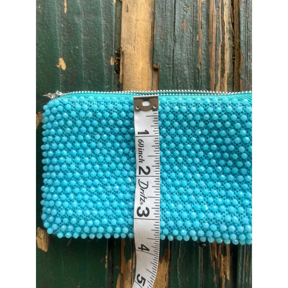 Vintage Turquoise Blue Beaded Zipper Pouch Set Coin‎ Purse Makeup Bag 2pc